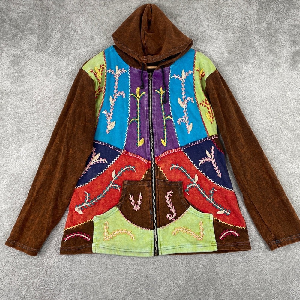 Rising International Patchwork Hoodie Womens‎ XL Brown Boho Floral Embroidered